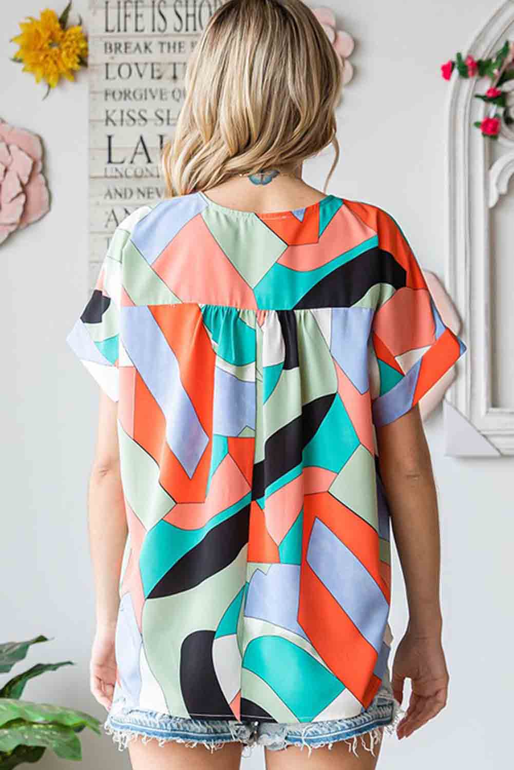 Multicolor Irregular Color Block Printed Short Sleeve Blouse Tops & Tees JT's Designer Fashion