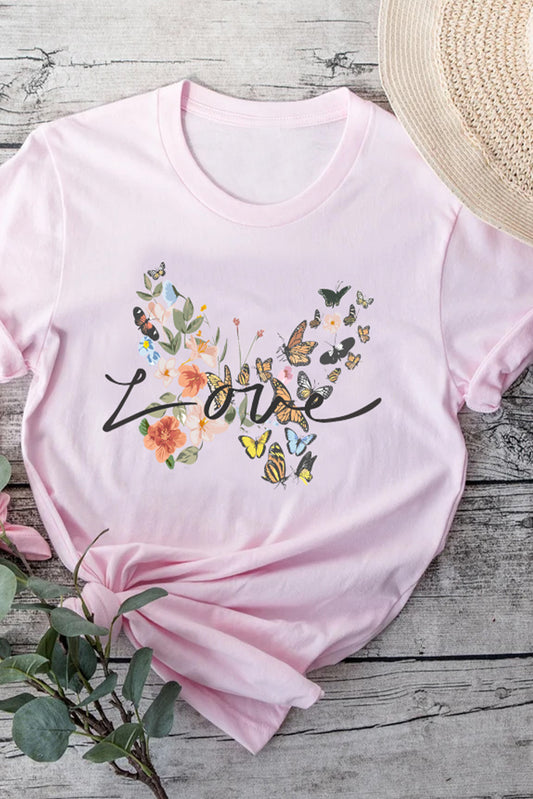 Pink Family Matching LOVE Butterfly Short Sleeve T Shirt Pink 95%Cotton+5%Elastane Family T-shirts JT's Designer Fashion