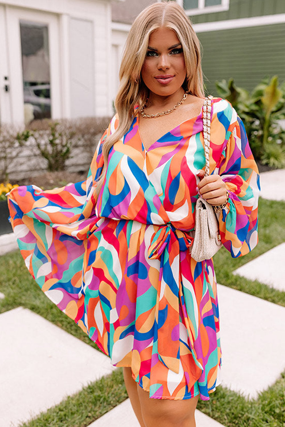 Multicolor Plus Size Abstract Print Oversized Dress Cinched Waist Dress Plus Size JT's Designer Fashion