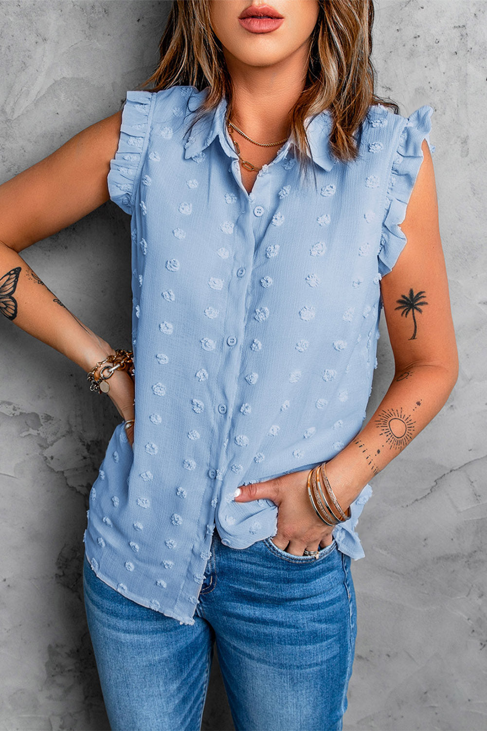 Sky Blue Turn-down Collar Ruffle Polka Dot Tank Sky Blue 100%Polyester Tank Tops JT's Designer Fashion