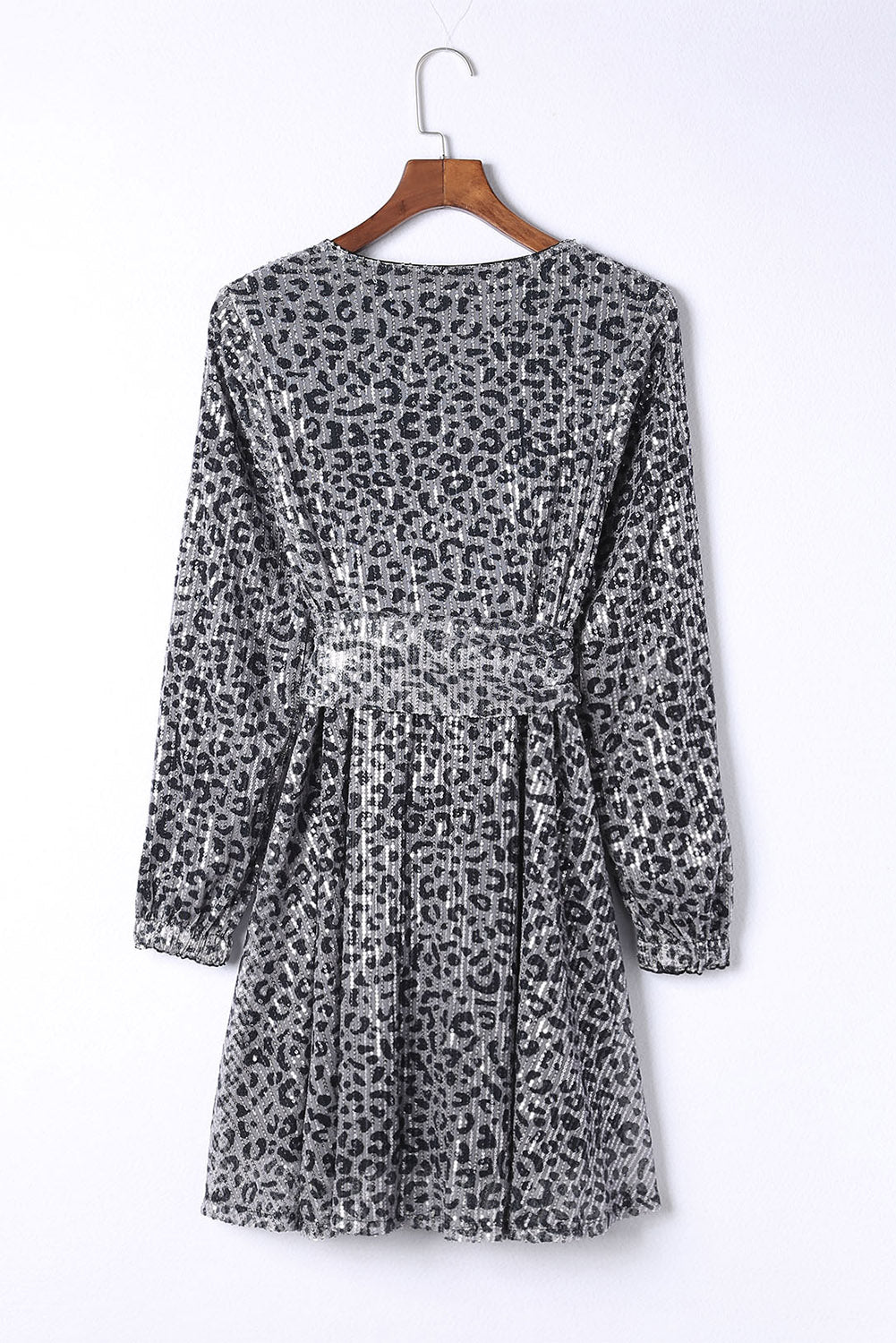 Gray Leopard Sequins V Neck Wrap Dress with Tie Sequin Dresses JT's Designer Fashion