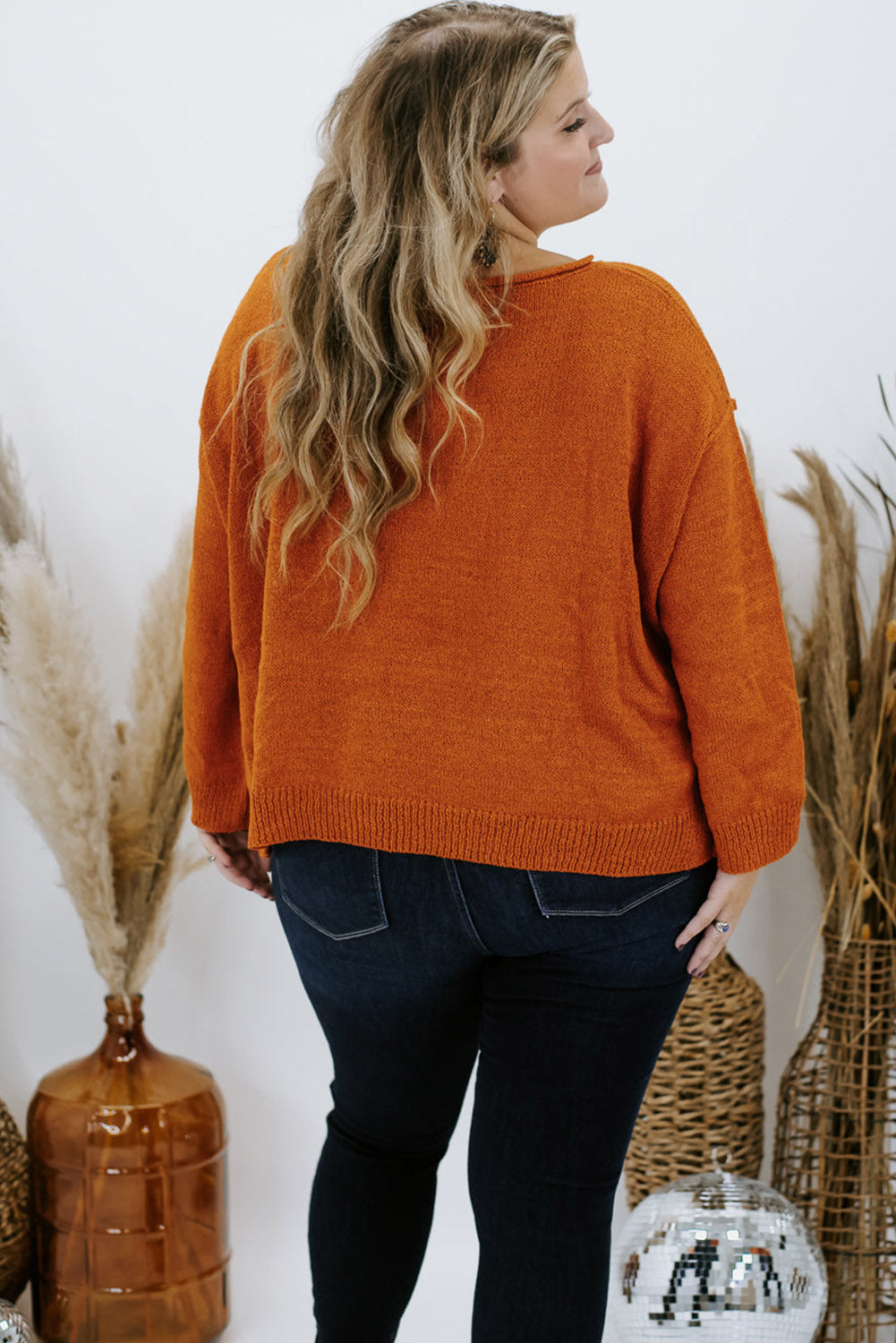 Orange Plus Size Chest Pocket Loose Split Side Sweater Plus Size JT's Designer Fashion