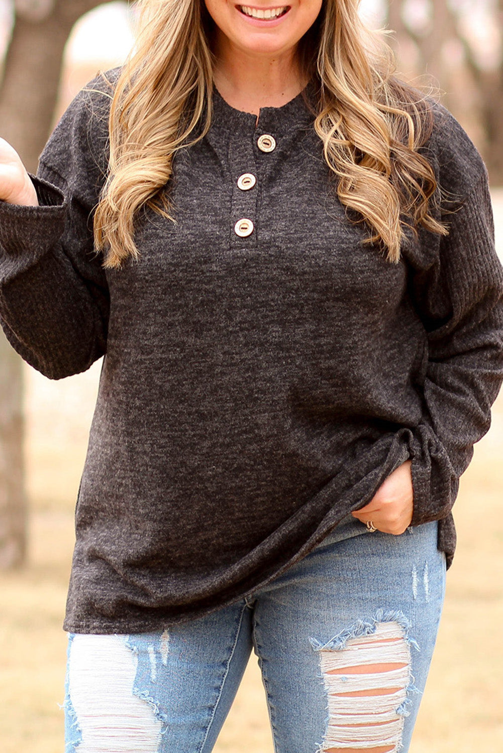 Black Ribbed Long Sleeve Plus Size Henley Top Plus Size JT's Designer Fashion