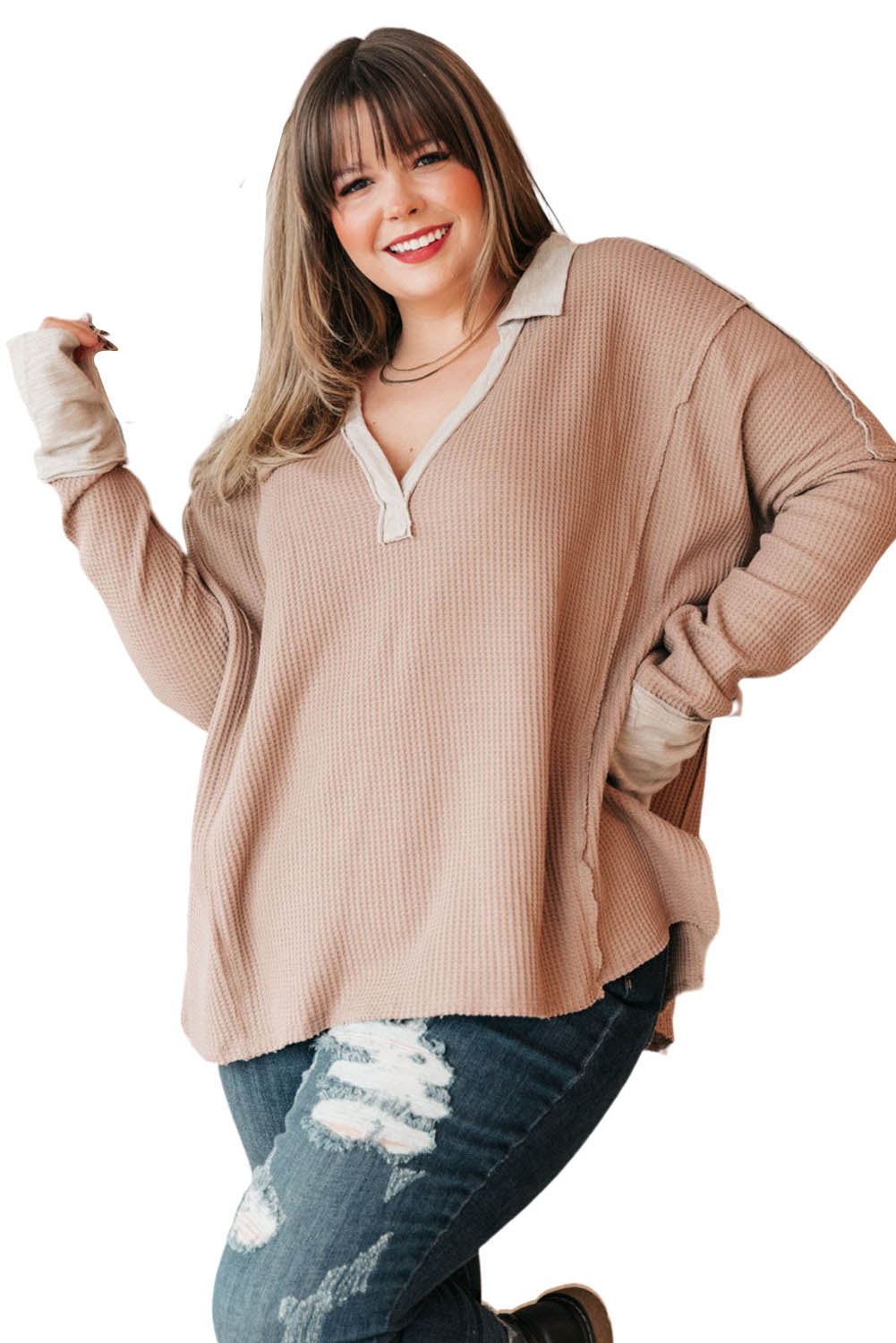 Apricot Plus Size Waffle Knit Splicing Long Sleeve Top Plus Size JT's Designer Fashion