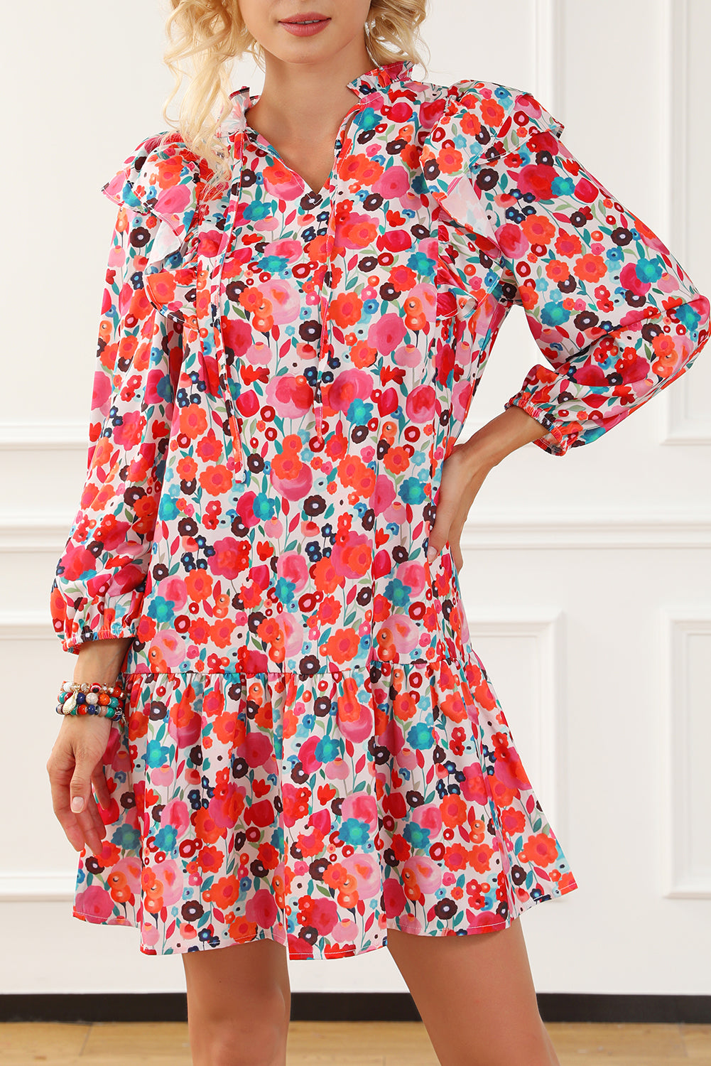 Multicolour Ruffle Split Neck Floral Long Sleeve Dress Floral Dresses JT's Designer Fashion