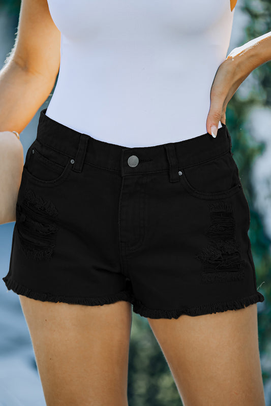 Black Distressed Tasseled Denim Shorts Denim Shorts JT's Designer Fashion