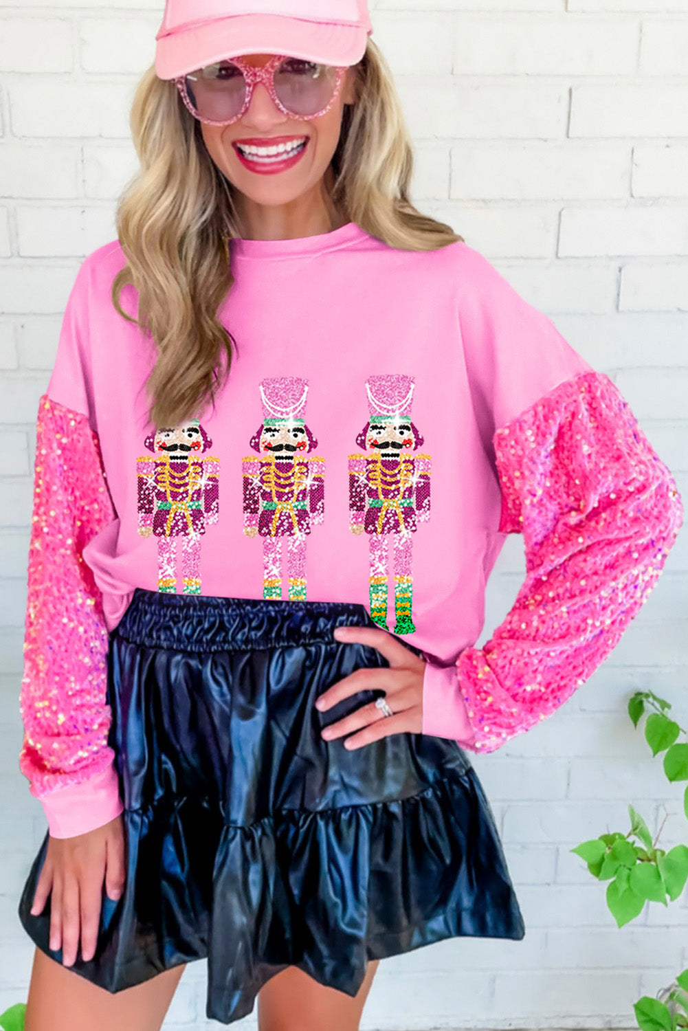 Pink Christmas Nutcracker Graphic Sequin Sleeve Sweatshirt Graphic Sweatshirts JT's Designer Fashion