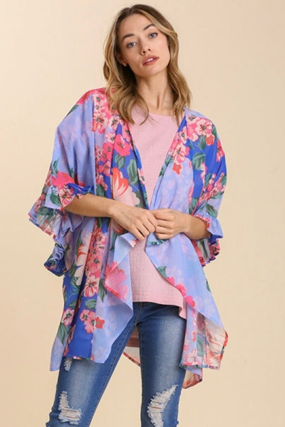 Sky Blue Floral Print Ruffled 3/4 Sleeve Loose Fit Kimono Kimonos JT's Designer Fashion