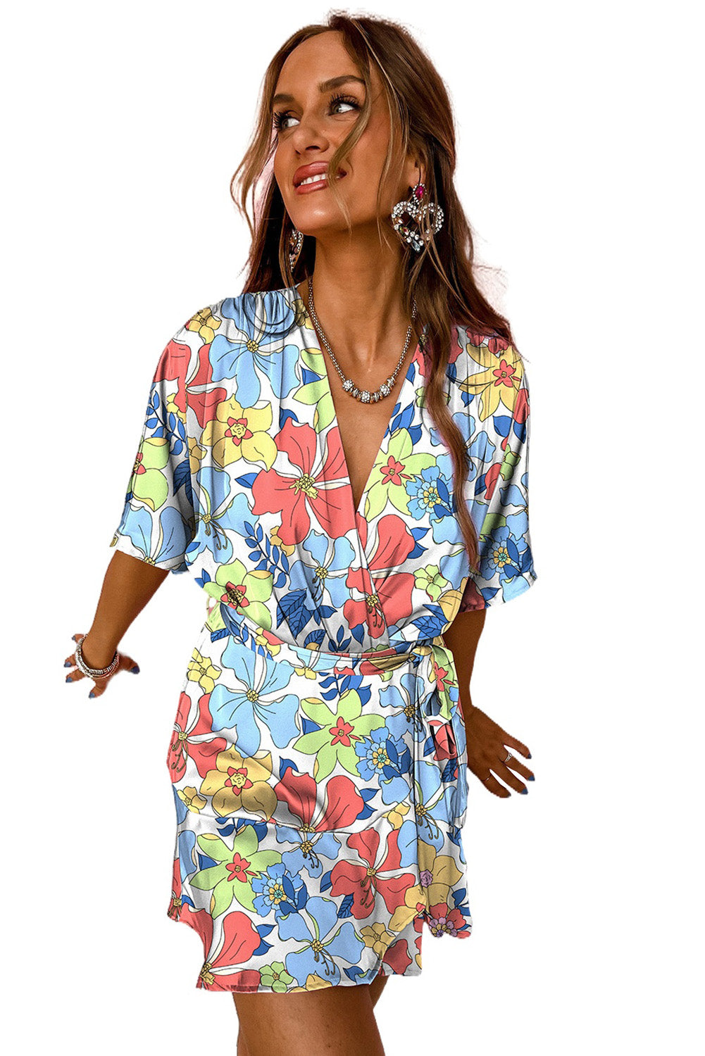 Multicolor-2 Boho Floral Print Surplice V Neck Short Dress Dresses JT's Designer Fashion