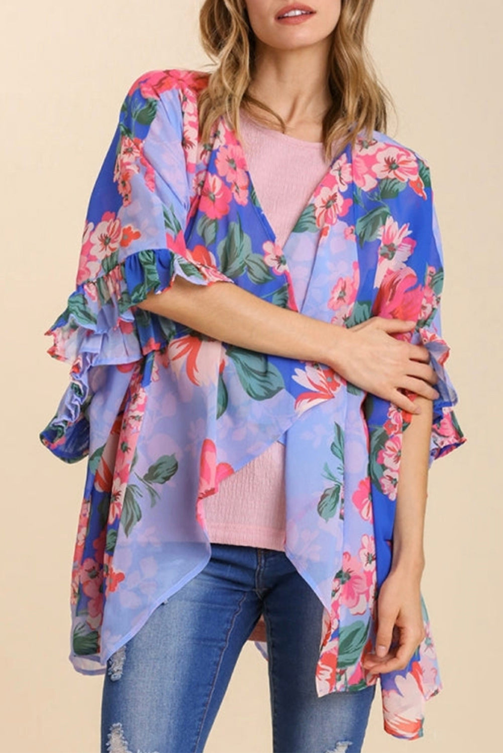 Sky Blue Floral Print Ruffled 3/4 Sleeve Loose Fit Kimono Kimonos JT's Designer Fashion