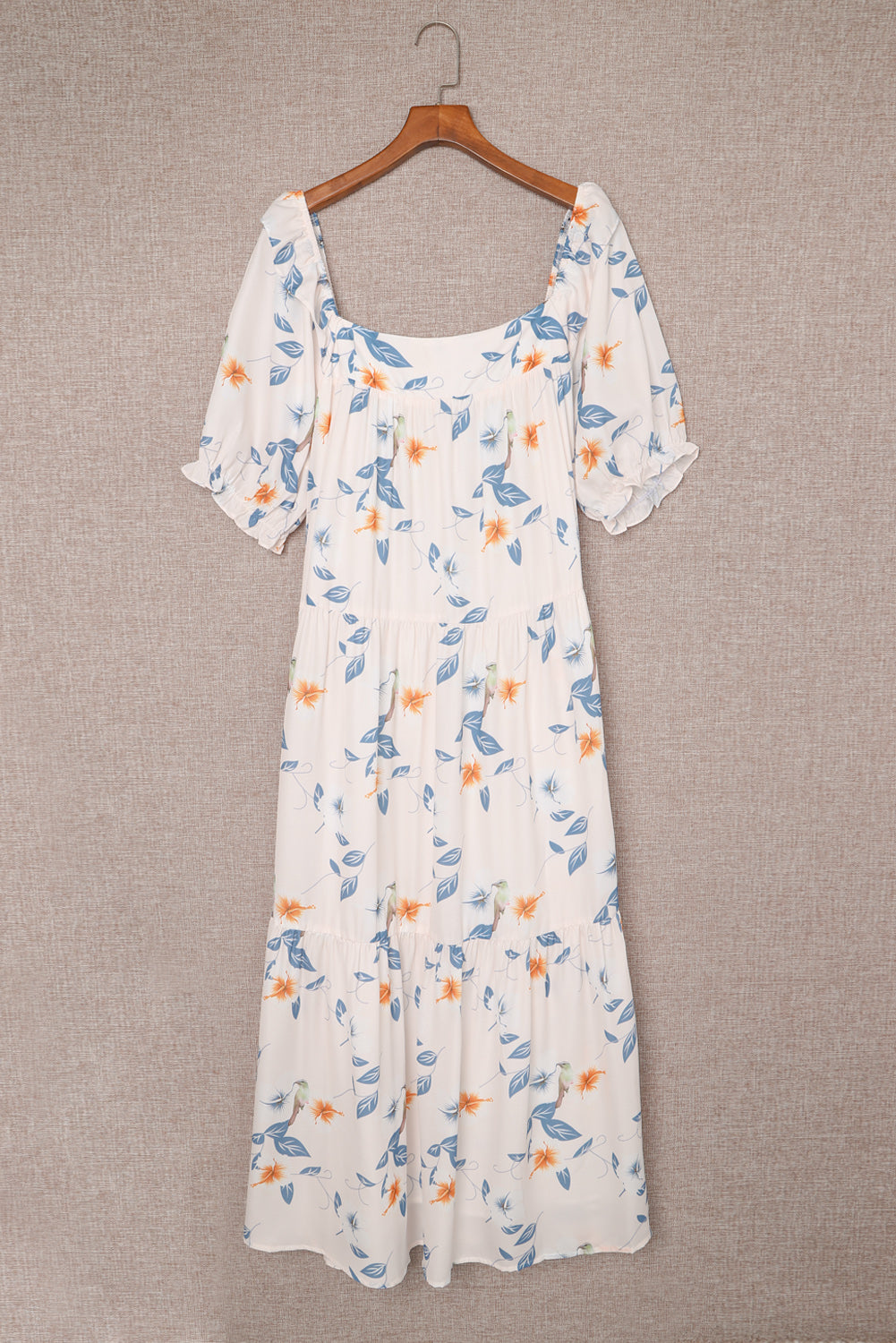 White Floral Print Puff Sleeve Square Neck Plus Size Dress Plus Size Dresses JT's Designer Fashion