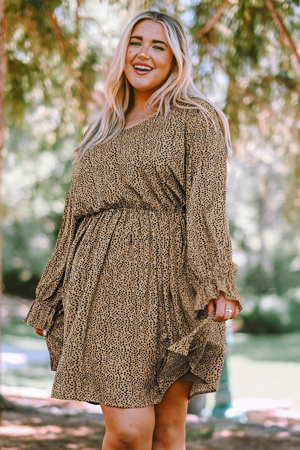 Khaki Plus Size Ruffled Long Sleeve Animal Spotted Print Dress Plus Size Dresses JT's Designer Fashion