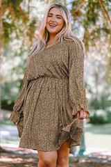 Khaki Plus Size Ruffled Long Sleeve Animal Spotted Print Dress Plus Size Dresses JT's Designer Fashion