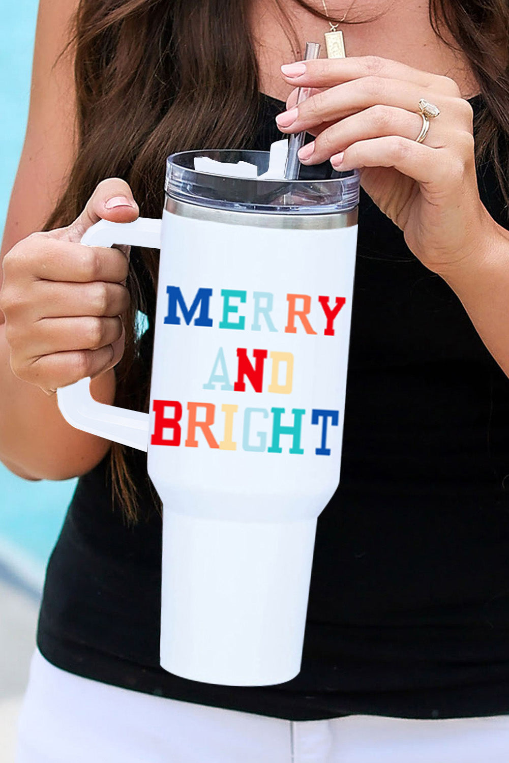 White Colorful MERRY AND BRIGHT Stainless Steel Vacuum Cup Tumblers JT's Designer Fashion