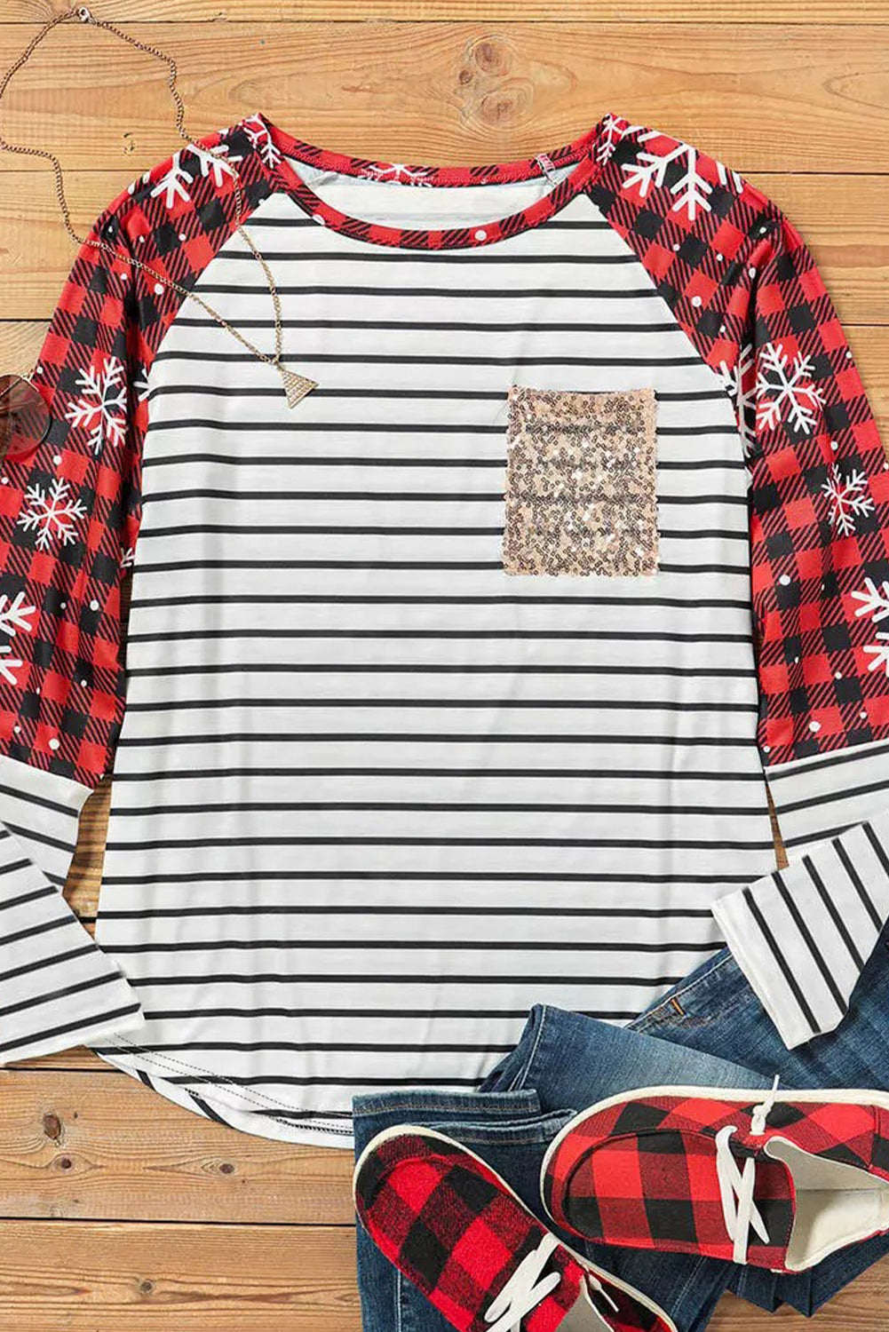 Stripe Christmas Plaid Striped Patchwork Long Sleeve Top Long Sleeve Tops JT's Designer Fashion