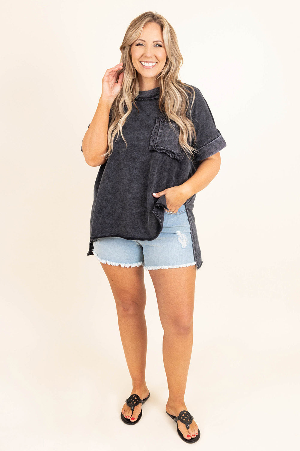 Gray Mineral Wash Distressed Slit Patch Pocket Oversize Tee Plus Size JT's Designer Fashion