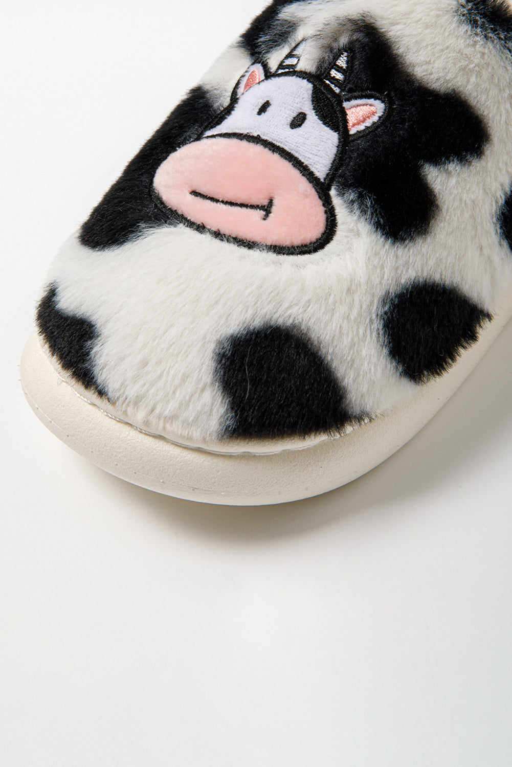 Bright White Cartoon Cow Embroidered Fuzzy Home Slippers Slippers JT's Designer Fashion