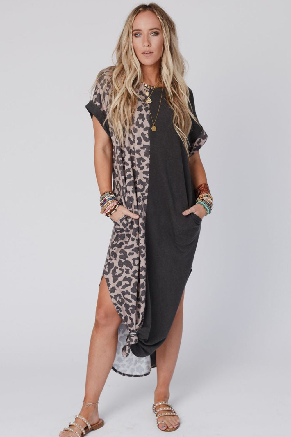 Black Contrast Solid Leopard Short Sleeve T-shirt Dress with Slits T Shirt Dresses JT's Designer Fashion