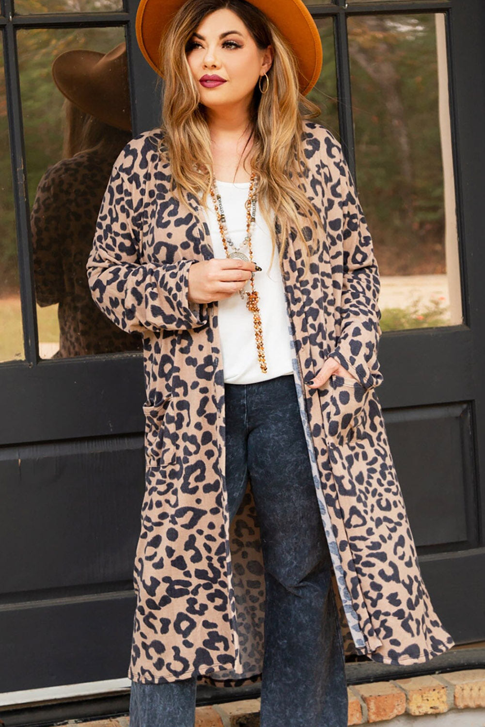 Leopard Plus Size Open Front Pocketed Long Cardigan Plus Size JT's Designer Fashion