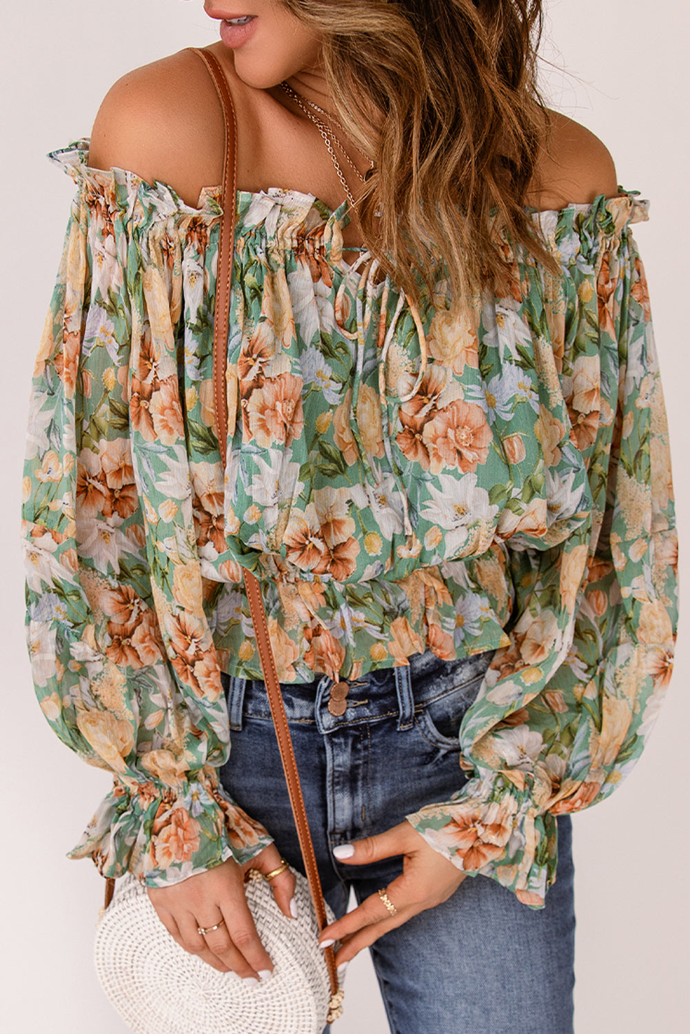 Green Floral Print Off the Shoulder Blouse Blouses & Shirts JT's Designer Fashion
