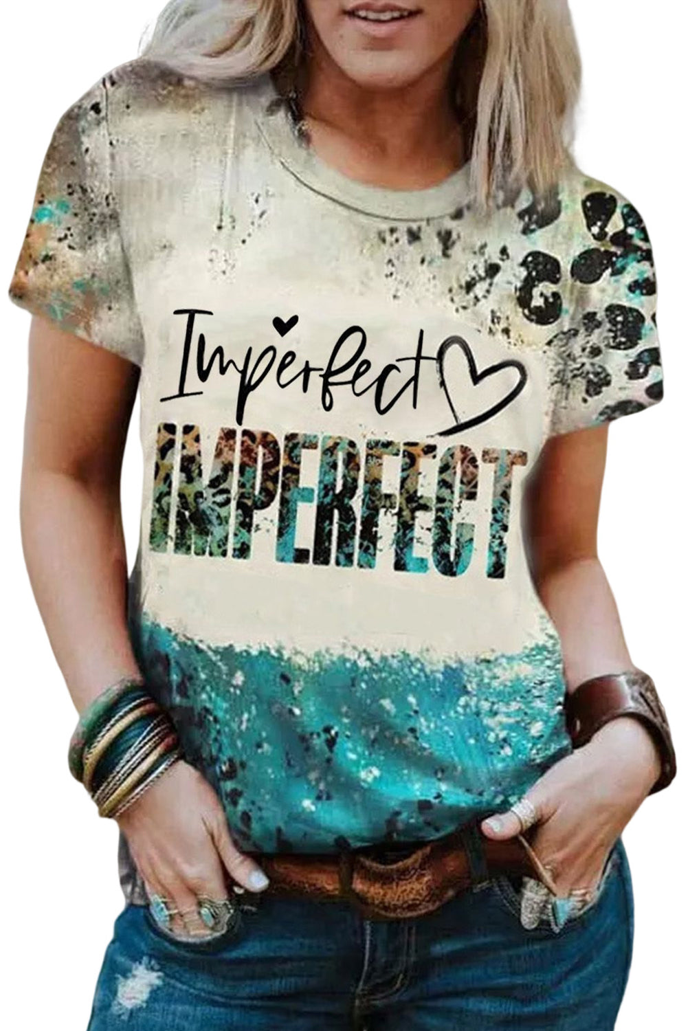 Sky Blue IMPERFECT Western Fashion Letters Graphic Tee Tops & Tees JT's Designer Fashion