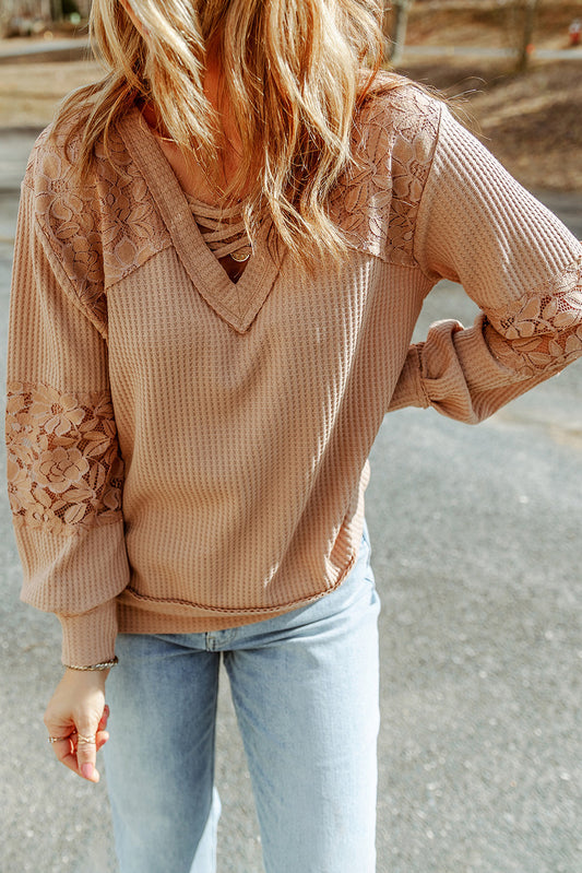 Apricot Lace Waffle Patchwork Strappy V Neck Long Sleeve Top Tops & Tees JT's Designer Fashion