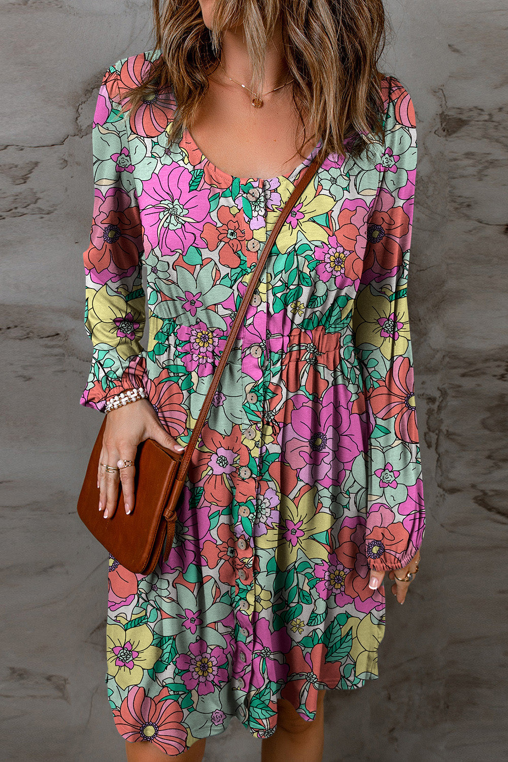 Multicolor Bold Floral Round Neck Long Sleeve Button Up Dress Dresses JT's Designer Fashion