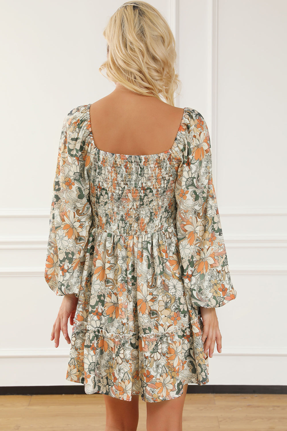 Floral Print Smocked Back Puff Sleeve Mini Dress Floral Dresses JT's Designer Fashion