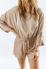 Khaki Sequin Patchwork Drawstring High Waist Romper Khaki 95%Polyester+5%Elastane Jumpsuits & Rompers JT's Designer Fashion