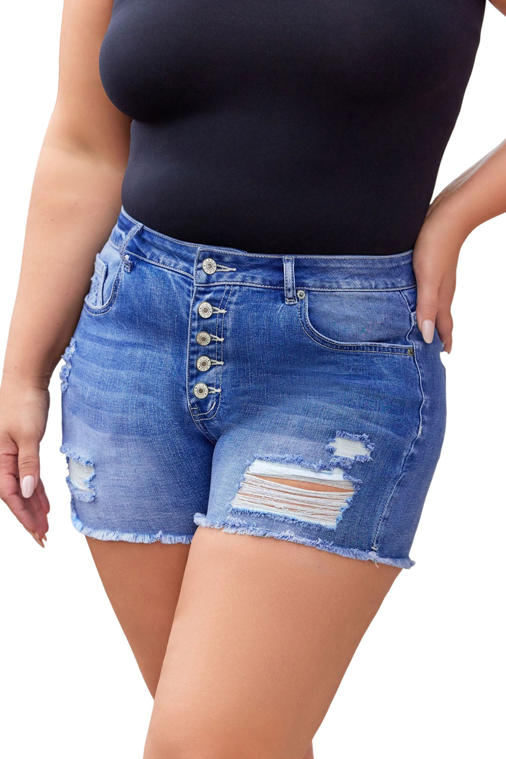 Sky Blue Quintuplicate Button Fly High Rise Plus Denim Shorts Plus Size Bottoms JT's Designer Fashion