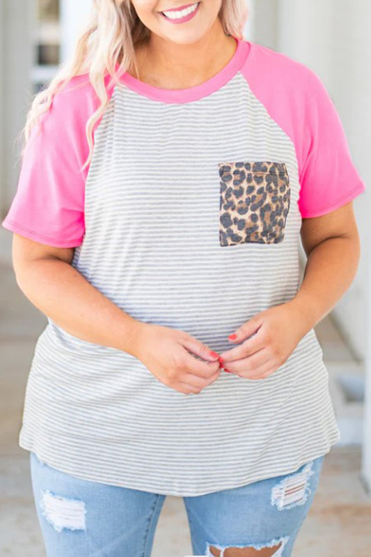 Stripe Leopard Patch Pocket Plus Size Raglan Sleeve Tee Plus Size Tops JT's Designer Fashion