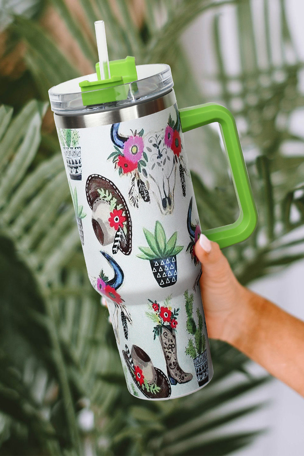 Mint Green Floral Western Fashion Straw Thermos Cup Tumblers JT's Designer Fashion