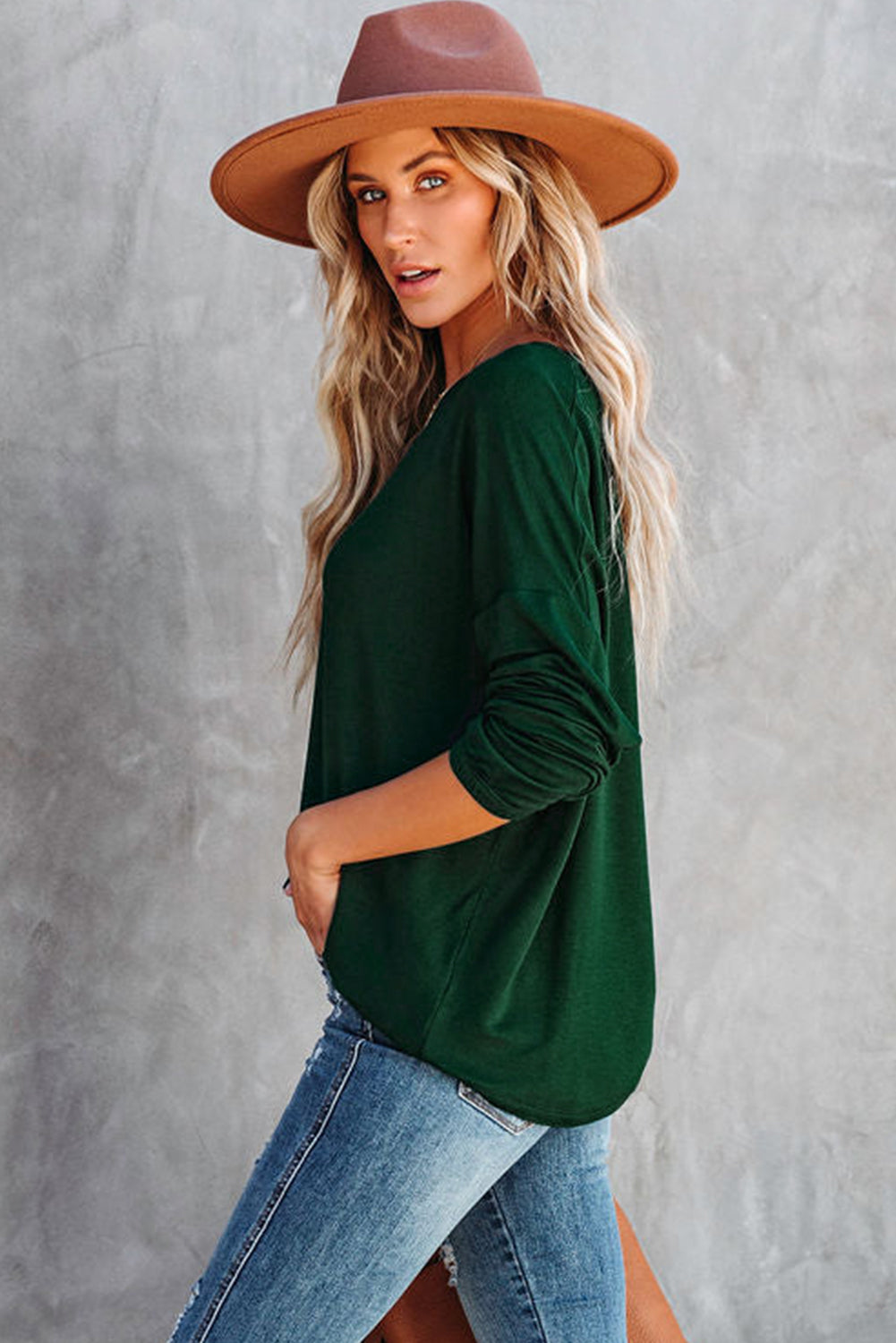 Green Loose Fit Wide Neck Batwing Sleeves Top Long Sleeve Tops JT's Designer Fashion