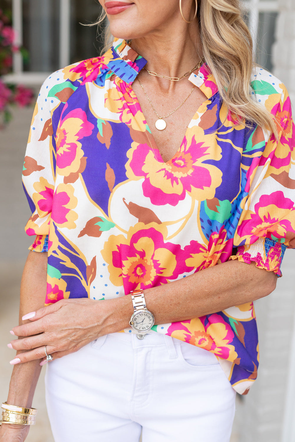 Rose Red Floral Split Neck Frilled Bubble Sleeve Blouse Tops & Tees JT's Designer Fashion