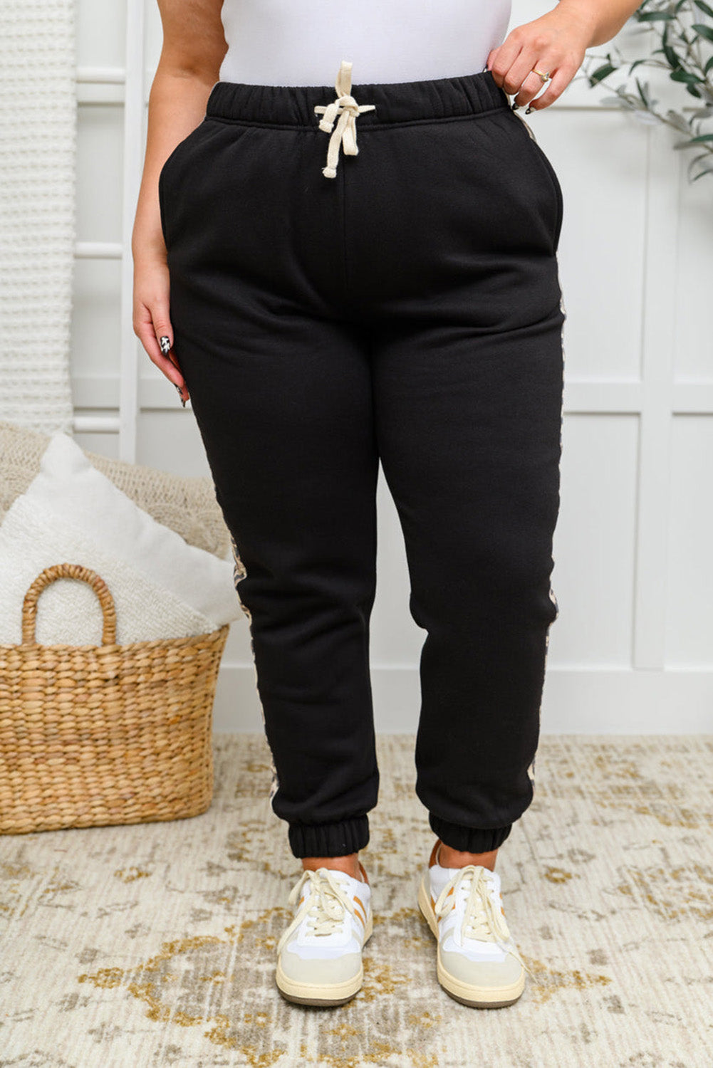 Black Contrast Leopard Side Panel Plus Size Sweatpants Plus Size JT's Designer Fashion