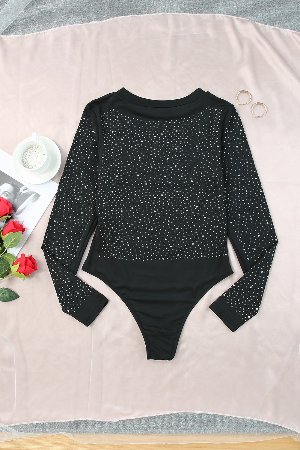 Black Rhinestone O-neck Long Sleeve Bodysuit Bodysuits JT's Designer Fashion