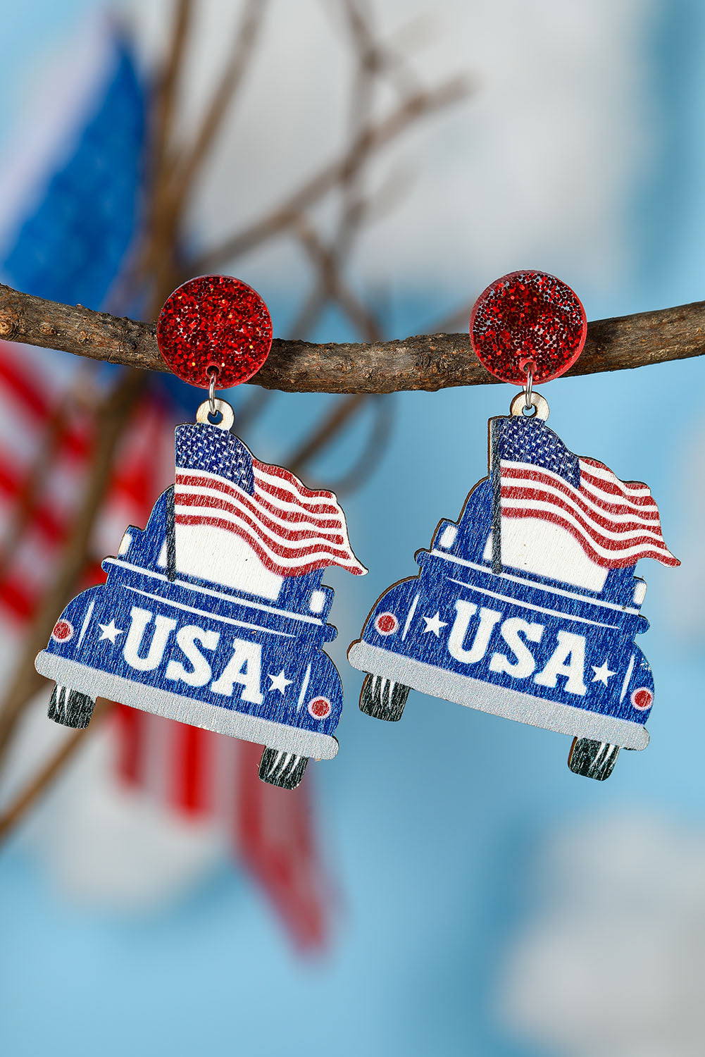 Multicolor USA Flag Car Shape Wood Dangle Earrings Jewelry JT's Designer Fashion