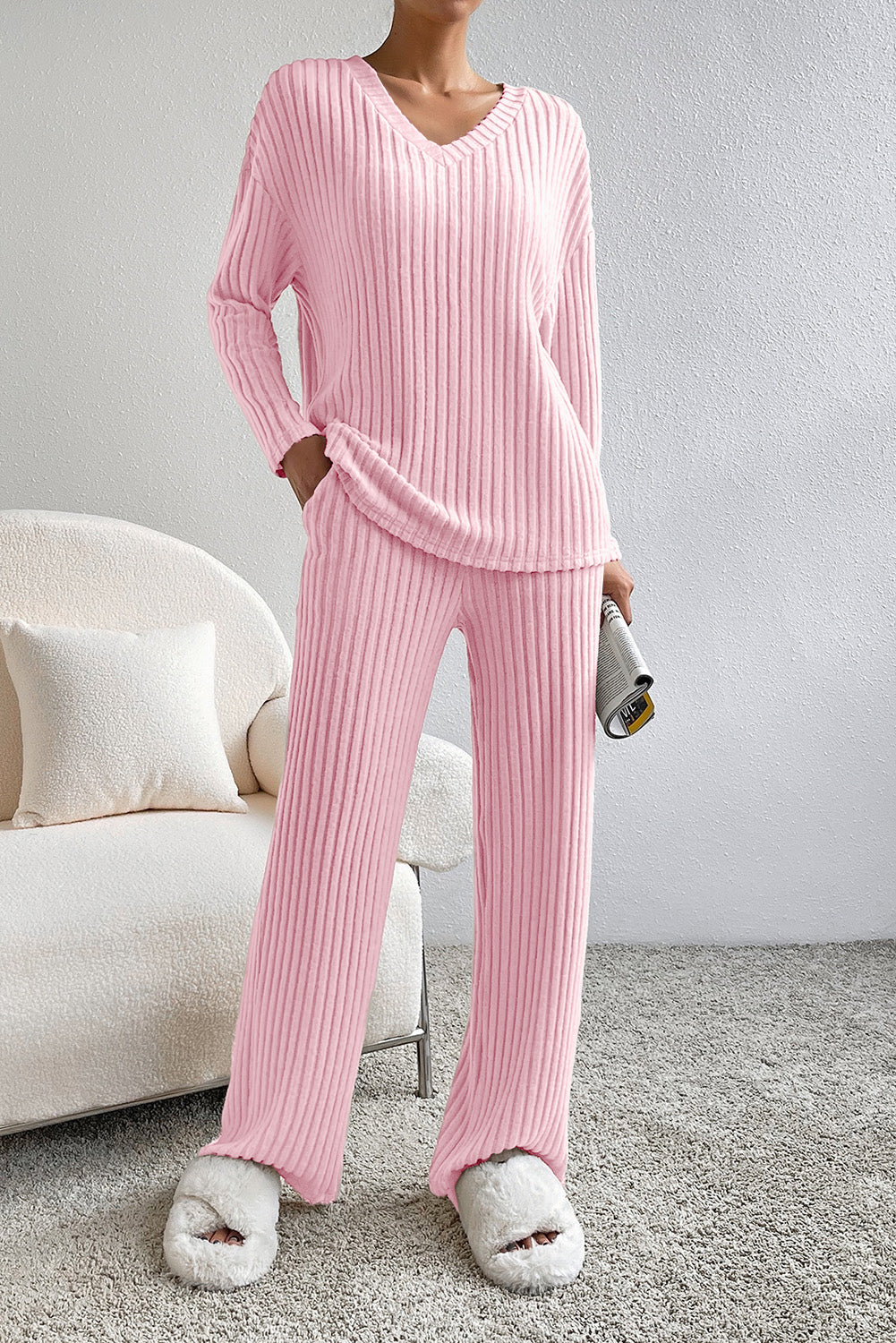 Light Pink Ribbed Knit V Neck Slouchy Two-piece Outfit Bottoms JT's Designer Fashion