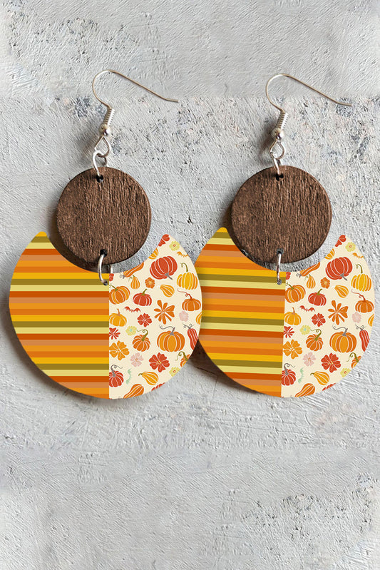 Orange Stripes Pumpkins Printed Wood Decor Earrings Jewelry JT's Designer Fashion