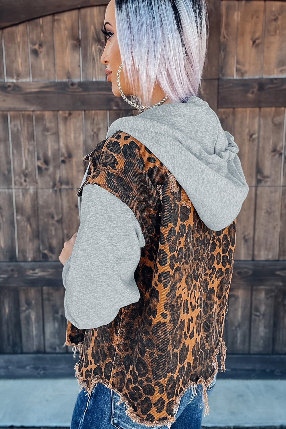 Multicolour Leopard Patchwork Hooded Plus Size Denim Jacket Plus Size JT's Designer Fashion