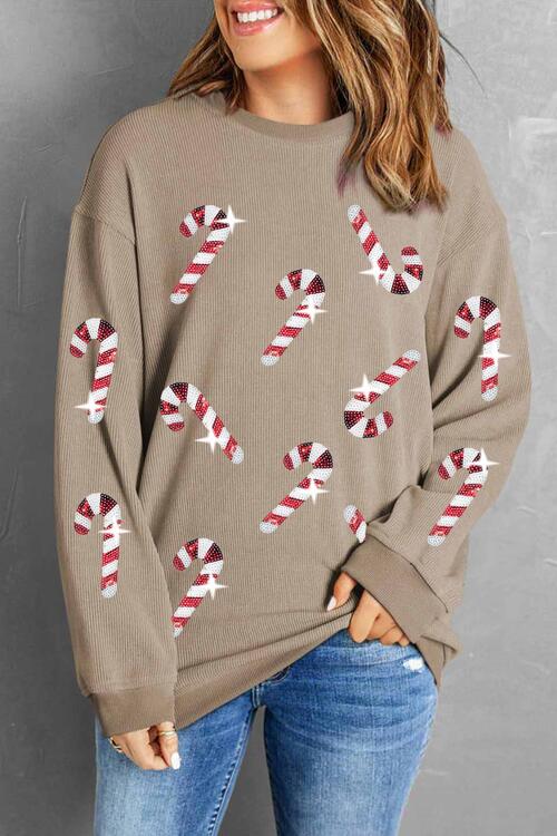 Sequin Candy Cane Round Neck Sweatshirt Graphic Sweatshirts JT's Designer Fashion