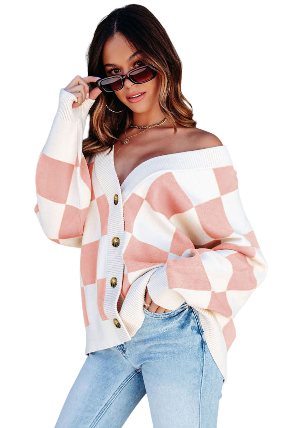 Pink Colorblock Plaid Button Up Cardigan Pre Order Sweaters & Cardigans JT's Designer Fashion