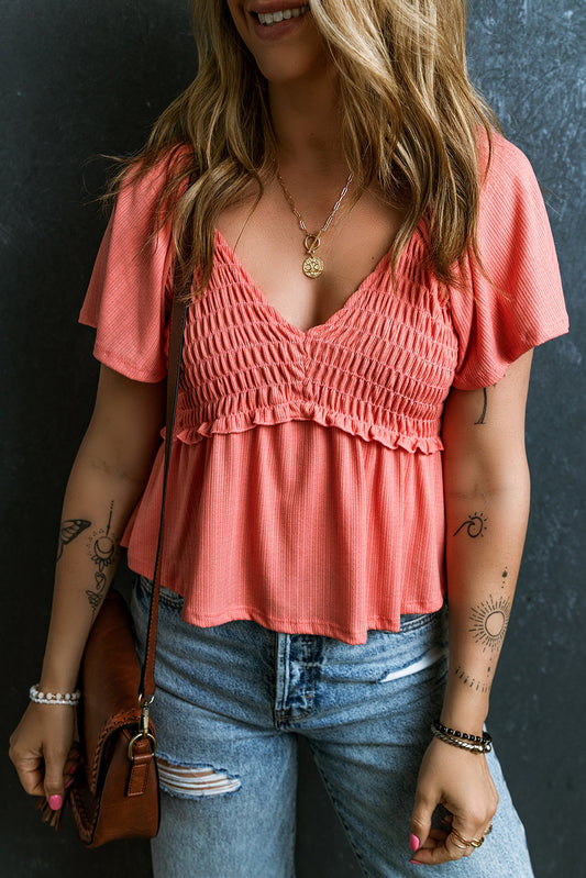 Tomato Red Shirred V Neck Short Flutter Sleeve Textured Blouse Tops & Tees JT's Designer Fashion