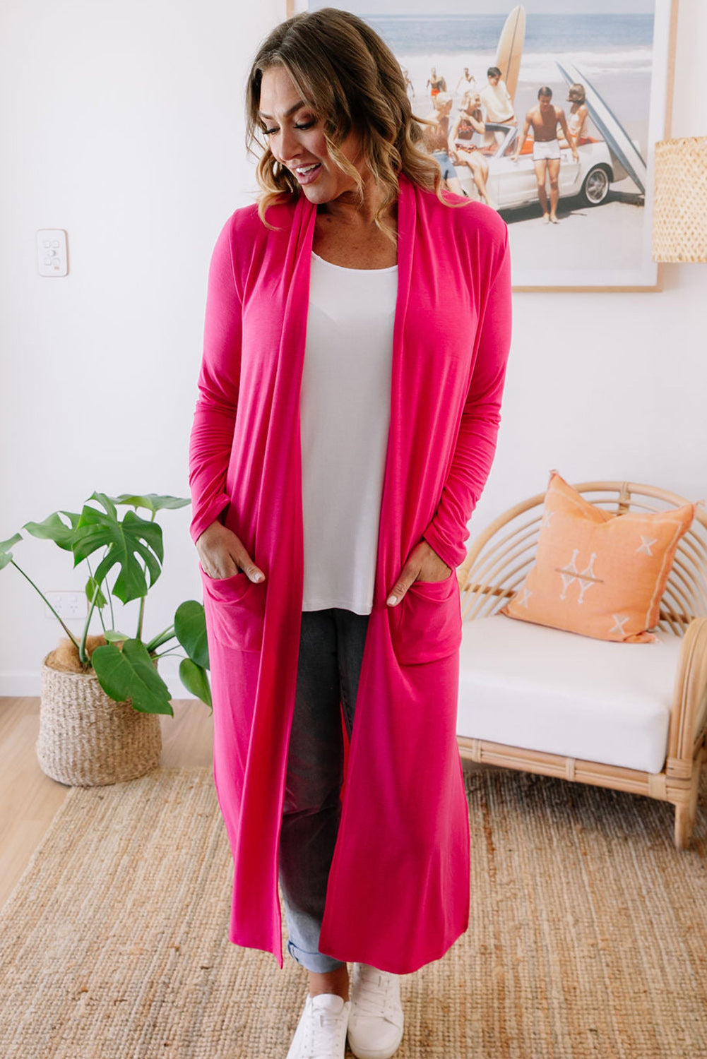 Strawberry Pink Plus Size Side Split Pockets Duster Cardigan Plus Size JT's Designer Fashion