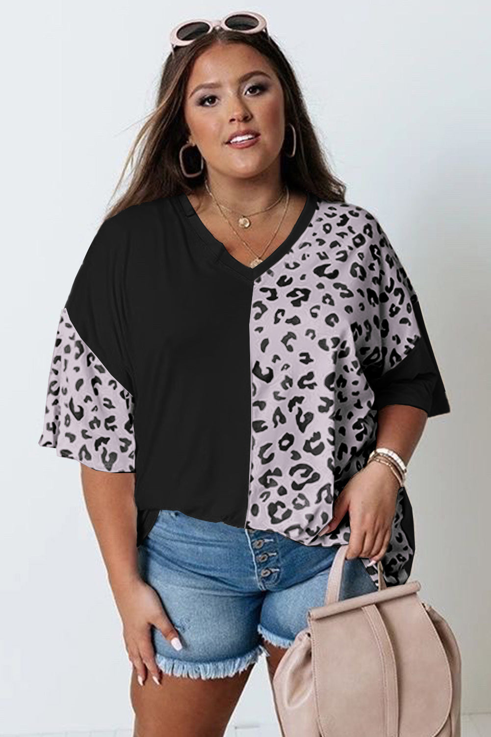 Black Plus Size Leopard Patchwork Short Sleeve Top Plus Size Tops JT's Designer Fashion