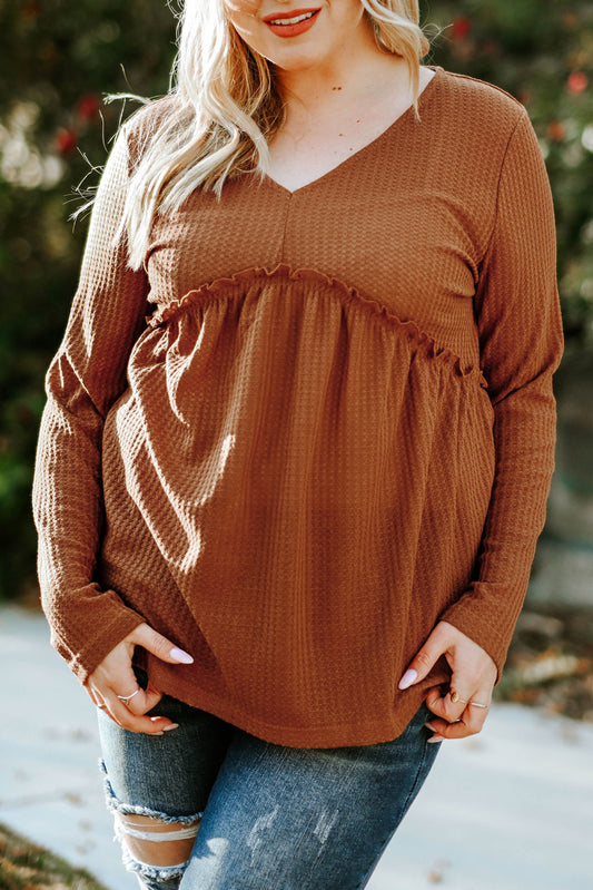 Orange Plus Size Ruffled Waffle Knit Top Plus Size Tops JT's Designer Fashion