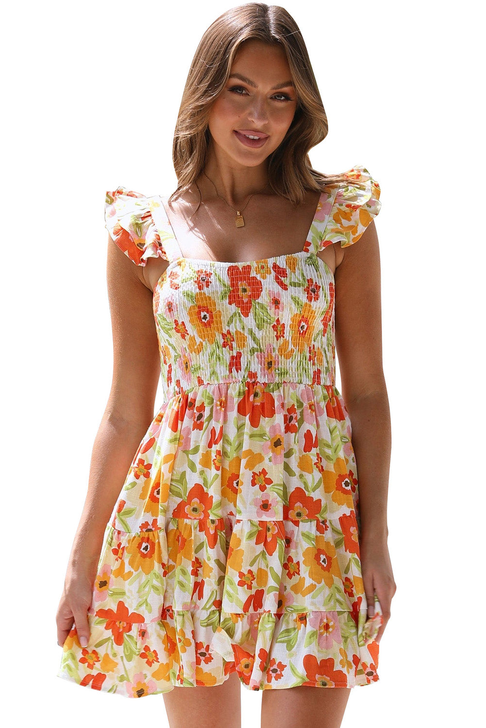 Multicolor Ruffled Shirred Sleeveless High Rise Floral Mini Dress Mini Dresses JT's Designer Fashion