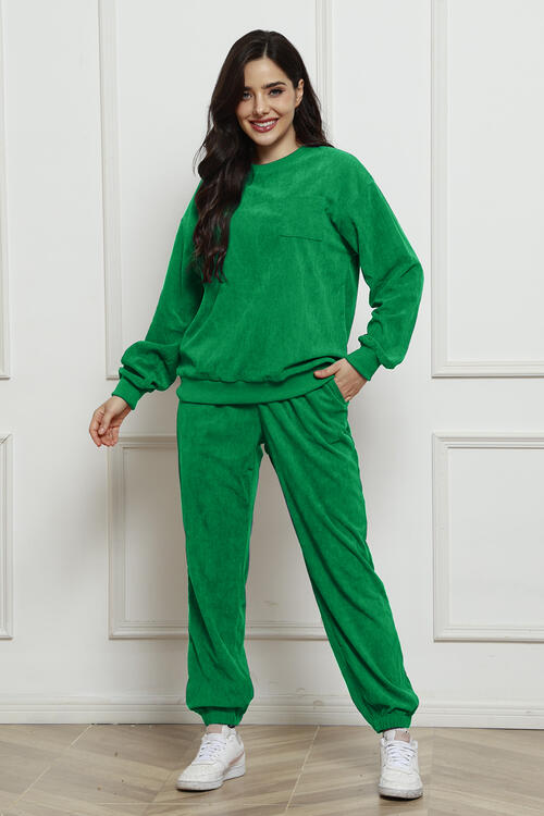 Round Neck Sweatshirt and Sweatpants Set Green Jumpsuits & Rompers JT's Designer Fashion