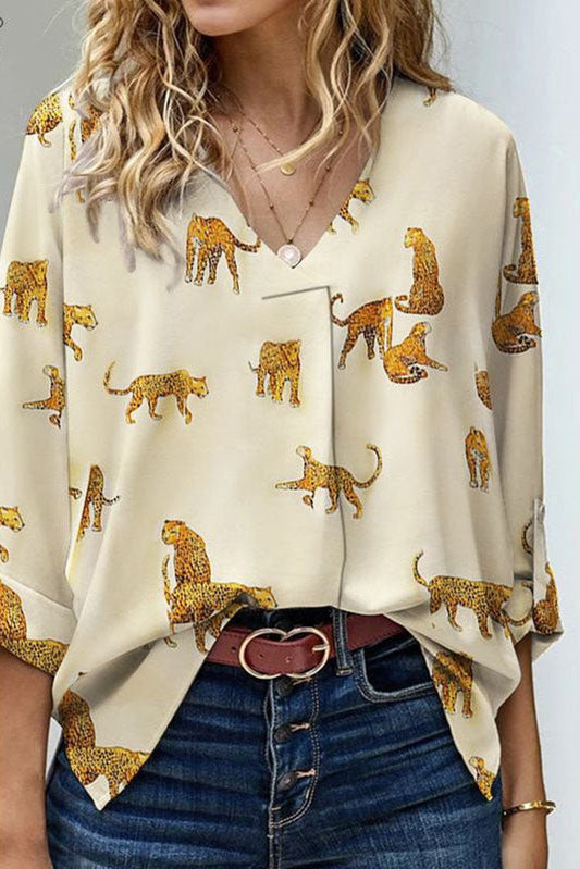 Apricot Printed Leopard Print Tab Sleeve Loose Fit V Neck Blouse Tops & Tees JT's Designer Fashion