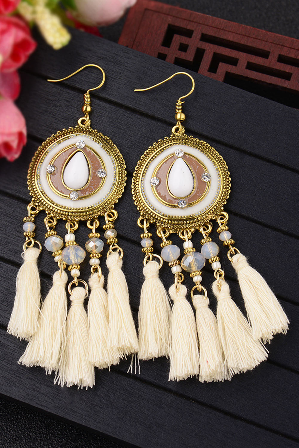 Beige Bold Tassel Beaded Music Festival Boho Earrings Jewelry JT's Designer Fashion